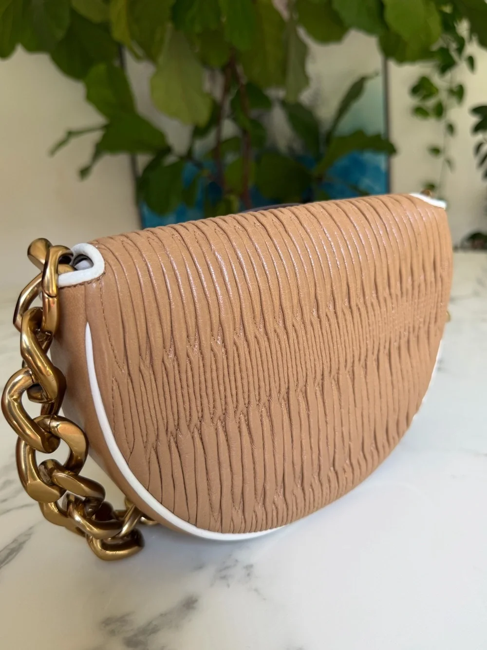 Tory Burch Fleming Soft Pleated Mini Crescent Bag Dusty Almond Leather w/ Chain
